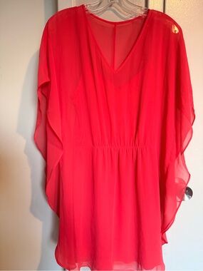 Express Sheer V-Neck Flutter Sleeve Blouse - Bright Red